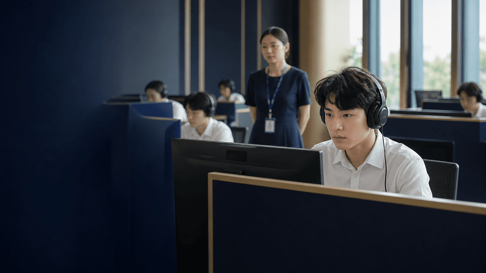 Thí sinh làm bài thi tiếng Anh trên máy tính tại trung tâm khảo thí